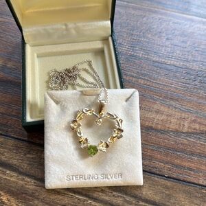 Vtg Sterling Silver Chain Ireland Heart Green Stone Pendant Necklace in box